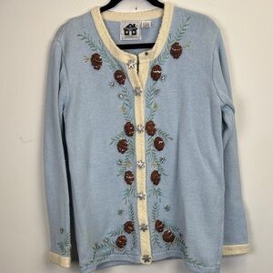 Vintage Storybook Knits Blue Cardigan with Pinecones and Snowflakes/ Size Med
